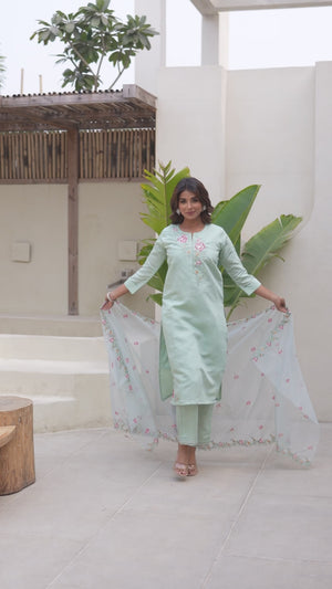 Sea Green Floral Embroidered Viscose Salwar Suit