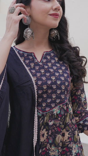 A-Line Style Black Cotton Salwar Suit with Blooming Floral Prints