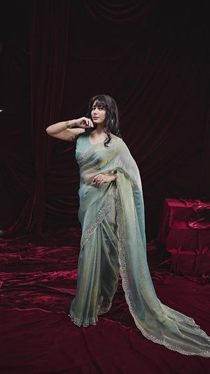 Glamorous Turquoise Two Tone Satin Silk Saree Adorned With Beads & Stones Embellishment