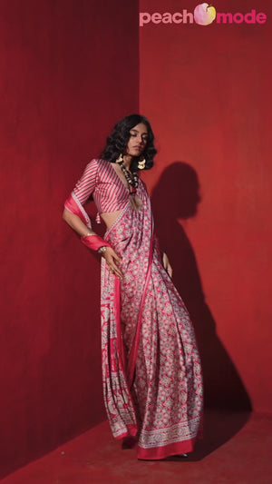 Classic Red Saree with Timeless Ajrakh Designs on Satin Crepe