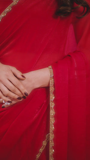Party Wear Red Chiffon Solid Saree with Delicate Border Embellishment