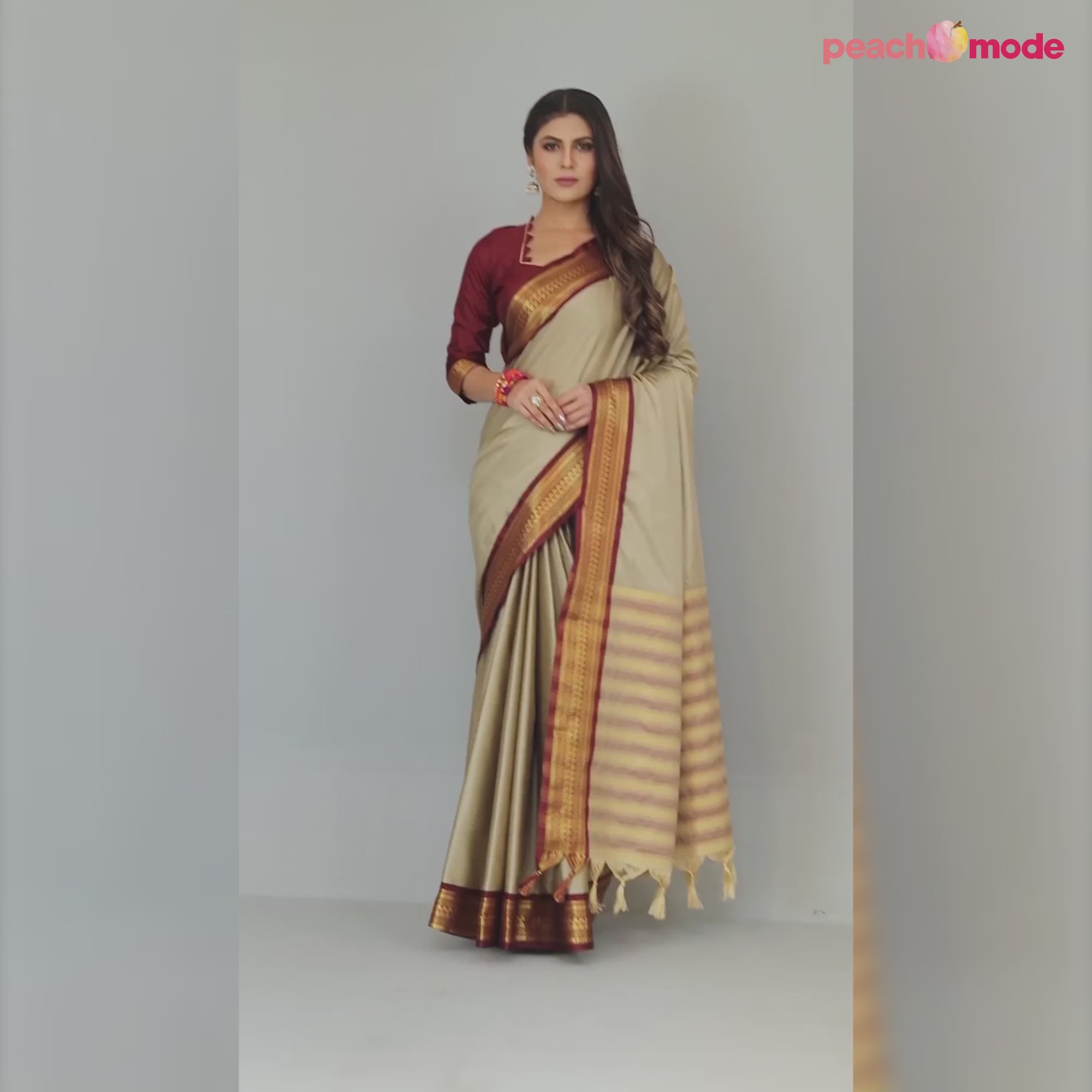 Chikoo Solid Cotton Silk Saree With Jacquard Border