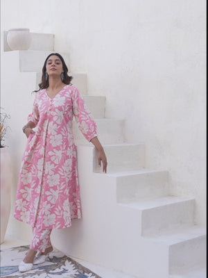 Floral Whisper Light Pink Cotton Flex A-Line Cut Co-Ord Set