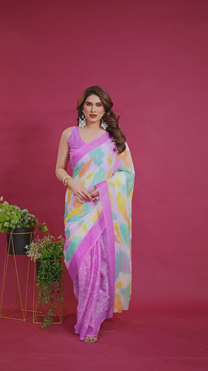 Elegant Purple Abstract Print Saree in Lightweight Chiffon