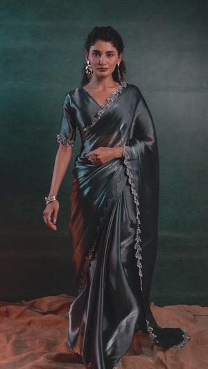 Charcoal Grey Party Wear Saree Stone Embellished Tissue Chiffon Fabric