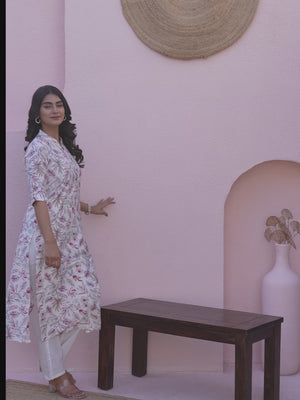 Off White Pure Cotton Straight Kurti with Delicate Floral Prints