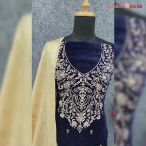 Blue Floral Embroidered Velvet Semi Stitched Suit