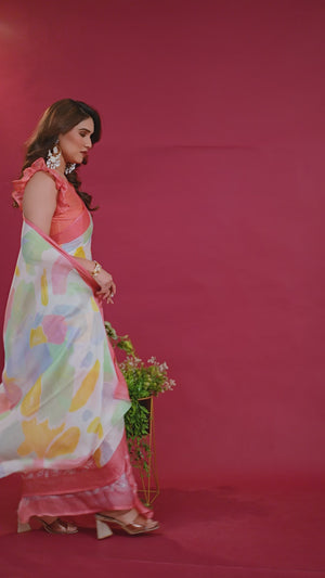 Elegant Peach Abstract Print Saree in Lightweight Chiffon