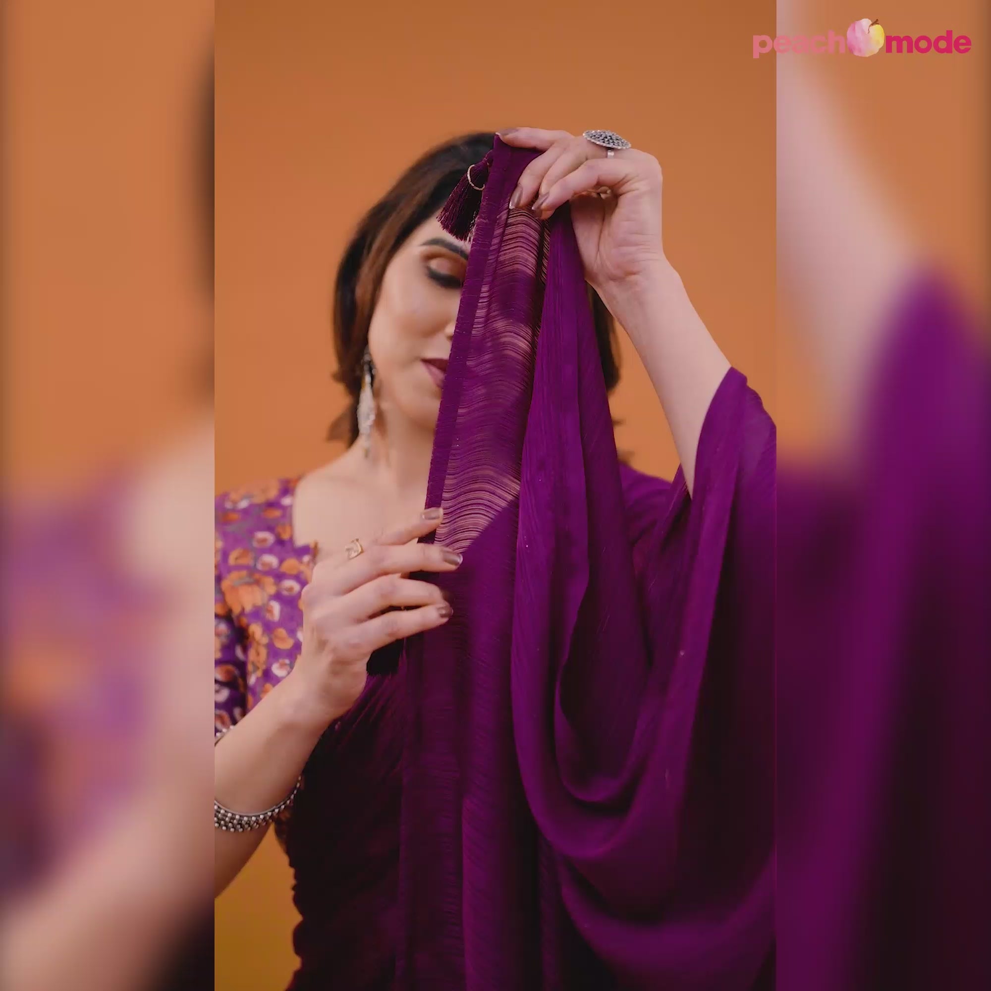 Purple Woven Satin Saree With Tassels