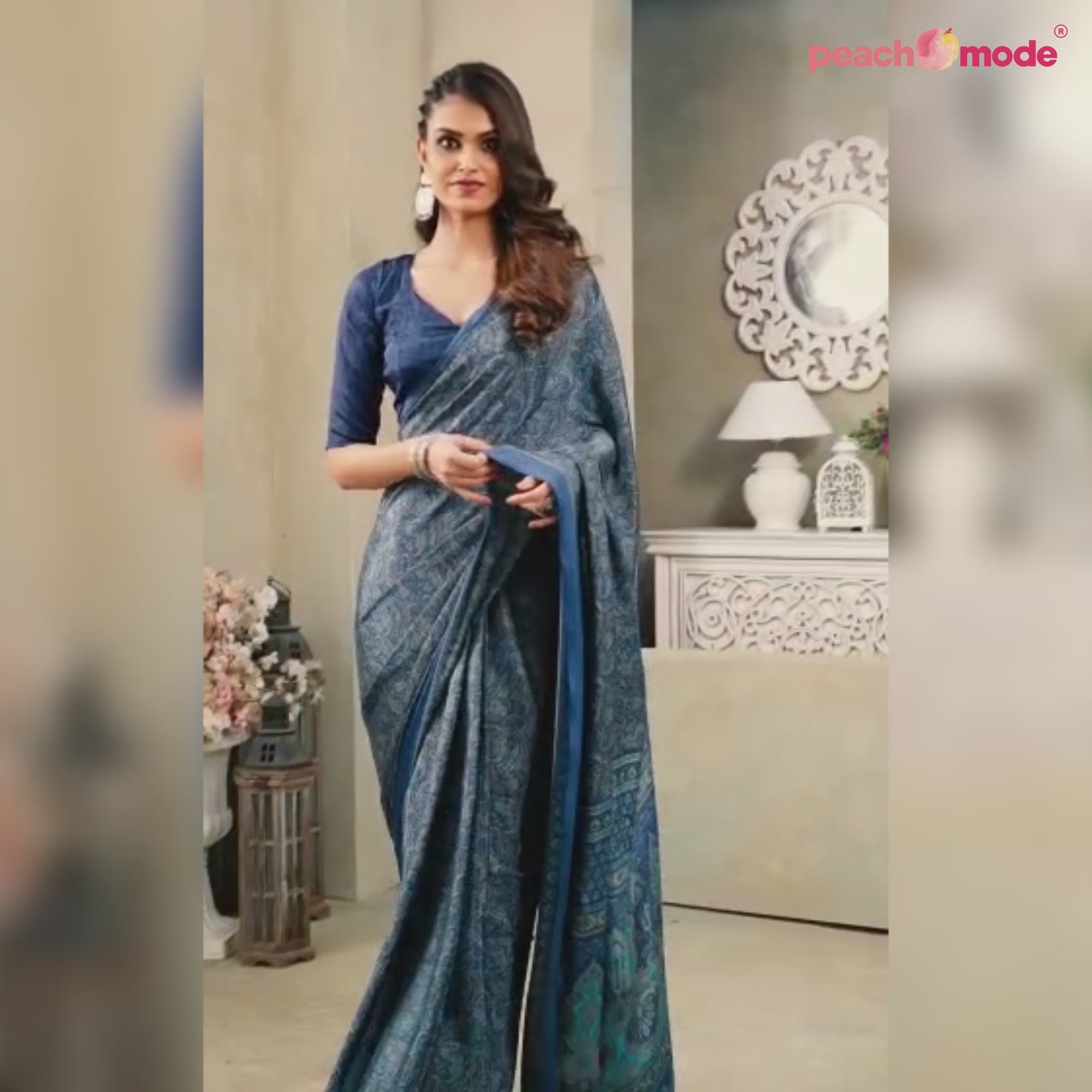 Blue Printed Crepe Saree