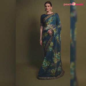 Teal Floral Printed Georgette Saree With Embroidered Border
