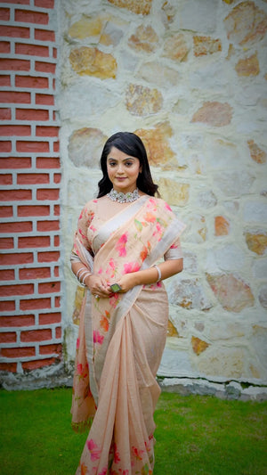 Beautiful Light Peach Tissue Handloom Saree with Digital Floral Embellishments