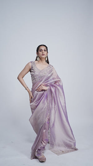Elegant Lavender Kanjivaram Silk Saree Adorned With Stone Work & Cut Dana Detailing