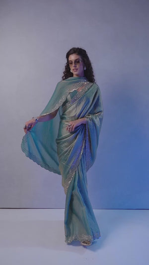 Sea Green Satin Saree with Glamorous Stone Embellishment