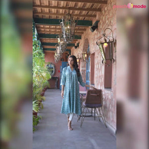 Turquoise Floral Printed Rayon A-line Kurti