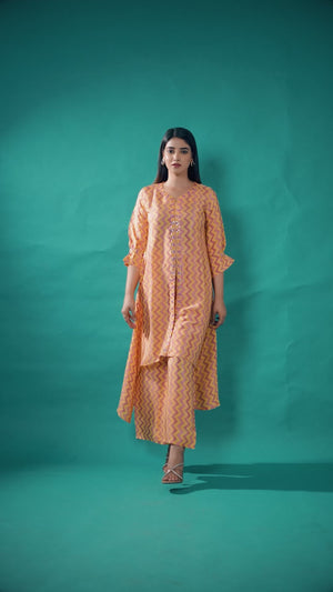 Yellow Zig Zag Printed Muslin Front Slit Co-Ord Set