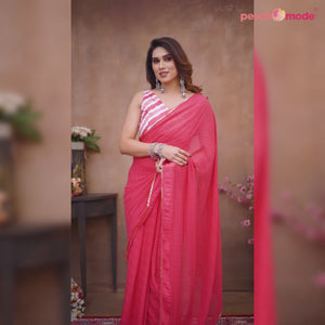 Pink Woven Checks Ready To Wear Georgette Saree