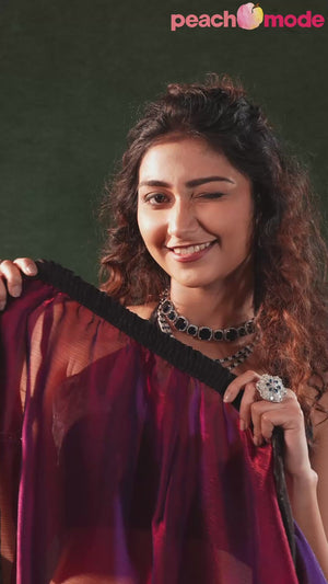 Cherry Red Satin Ready To Wear Saree with Soft Ombre Tones and Intricate Stone Border