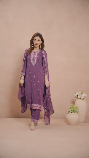 Wine Embroidered Straight Salwar Suit in Heavy Viscose Georgette