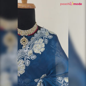 Blue Floral Embroidered Satin Saree