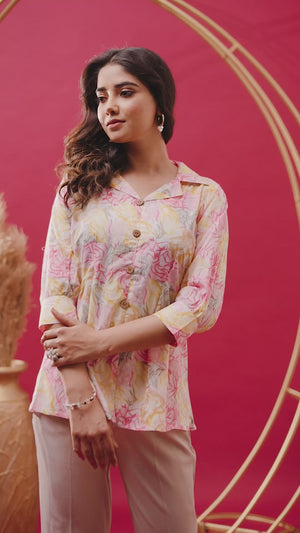Yellow & Pink Floral Printed Pure Cotton A-Line Top
