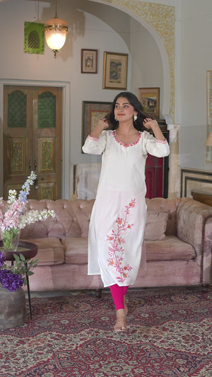 White Floral Embroidered Viscose Rayon Straight Kurti