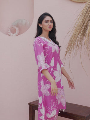 Pink Straight Fit Co-Ord Set with Subtle Floral Prints in Soft Cotton Fabric