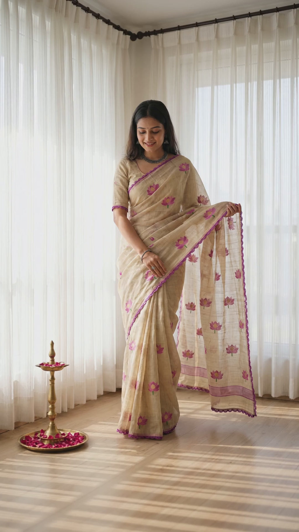 Stylish Beige Purple Floral Weaving Cotton Blend Jamdani Saree - Video 2