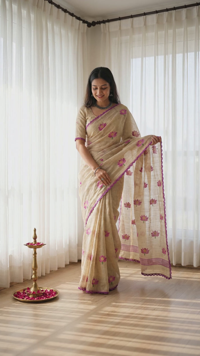 Stylish Beige Purple Floral Weaving Cotton Blend Jamdani Saree - Video 2