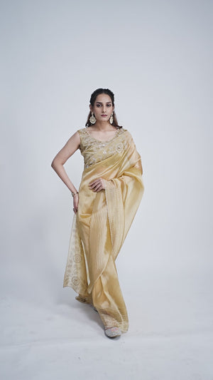Elegant Golden Mustard Kanjivaram Silk Saree Adorned With Stone Work & Cut Dana Detailing