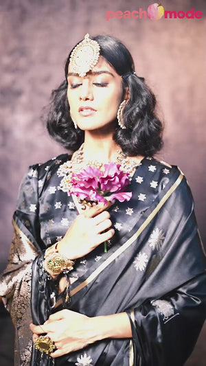 Black Floral Zari Weaving Satin Saree