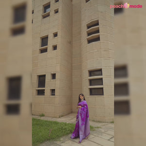 Purple Floral Woven Satin Saree With Tassels