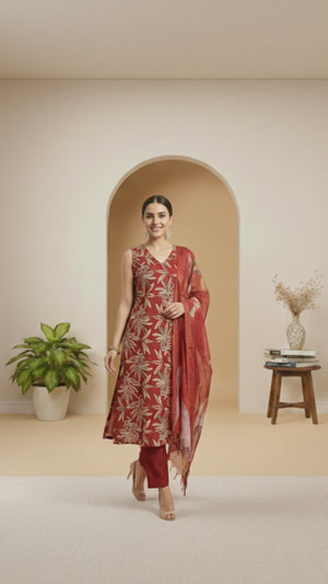 Red Floral Foil Printed Viscose Salwar Suit in Angrakha Design