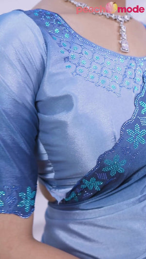 Blue Two Tone Ombre Crepe Saree With Exquisite Floral Stonework