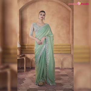 Sea Green Sequins Embroidered Satin Silk Saree