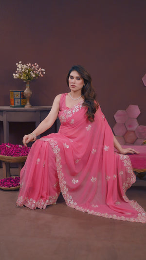 Gajari Pink Georgette Saree Featuring Intricate Floral Sequin Embroidery