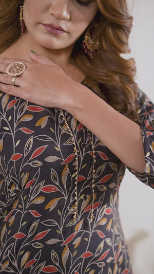 Black Floral Foil Printed Muslin Viscose Kurti