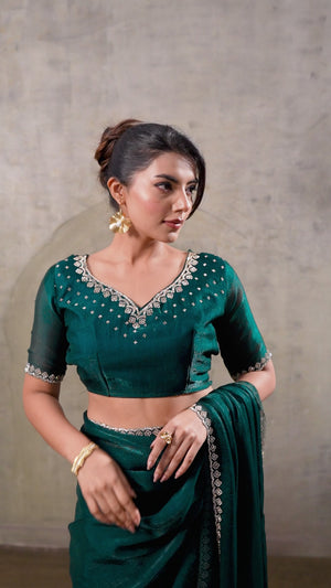 Green Solid Chiffon Saree With Sparkling Zarkan Border & Latkan Pallu