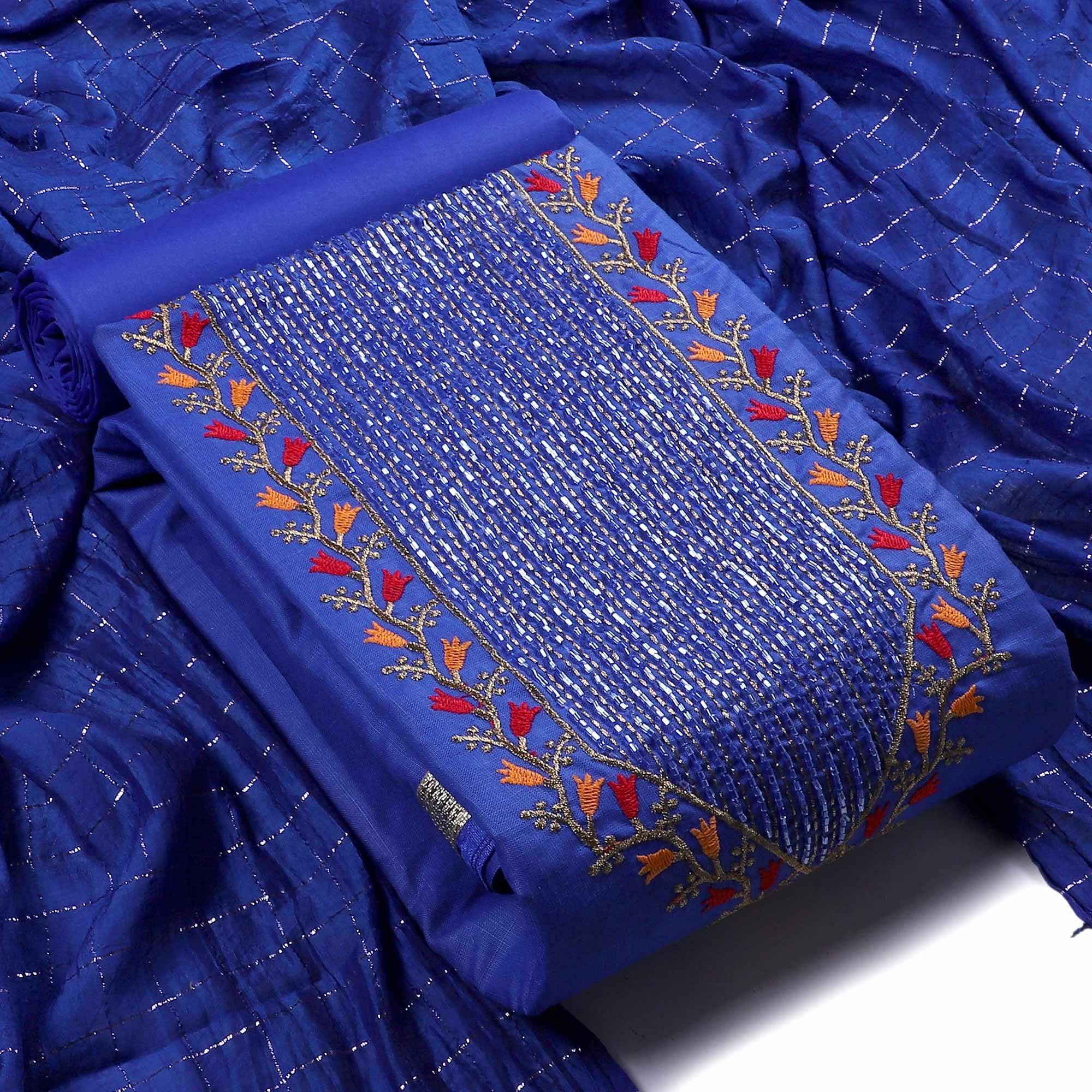 Royal Blue Festive Wear Embroidered Cotton Dress Material - Image 1