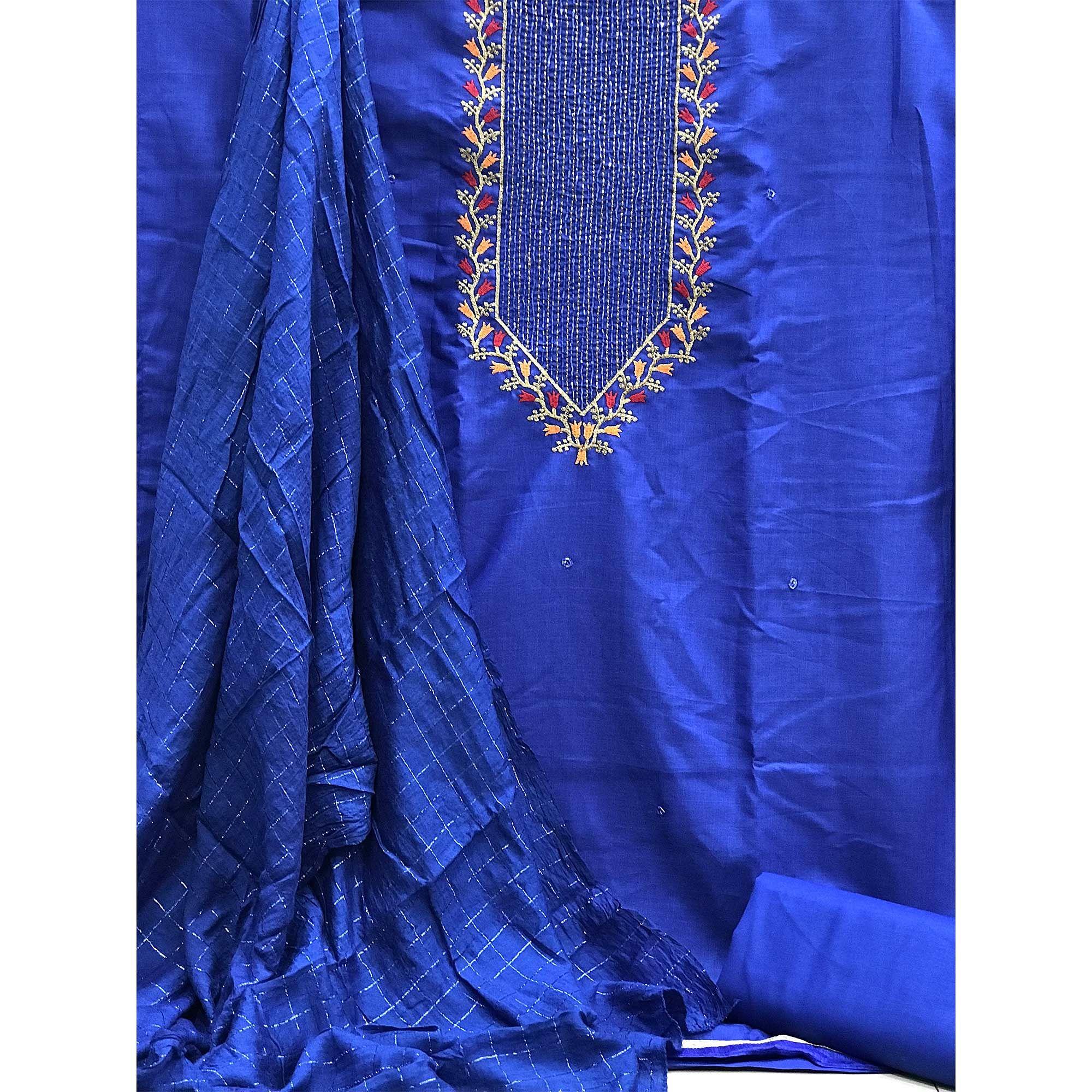 Royal Blue Festive Wear Embroidered Cotton Dress Material - Image 2