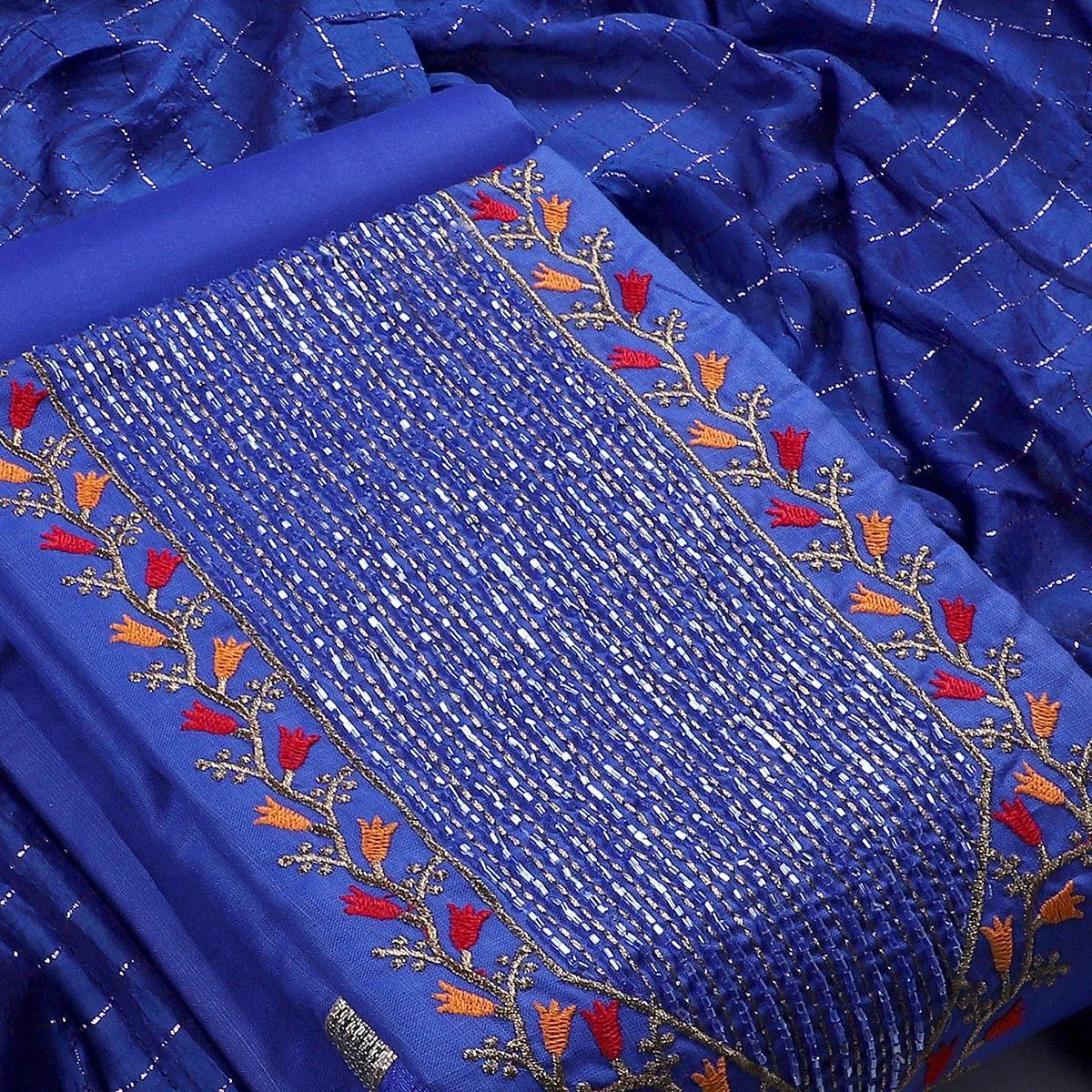 Royal Blue Festive Wear Embroidered Cotton Dress Material - Image 3