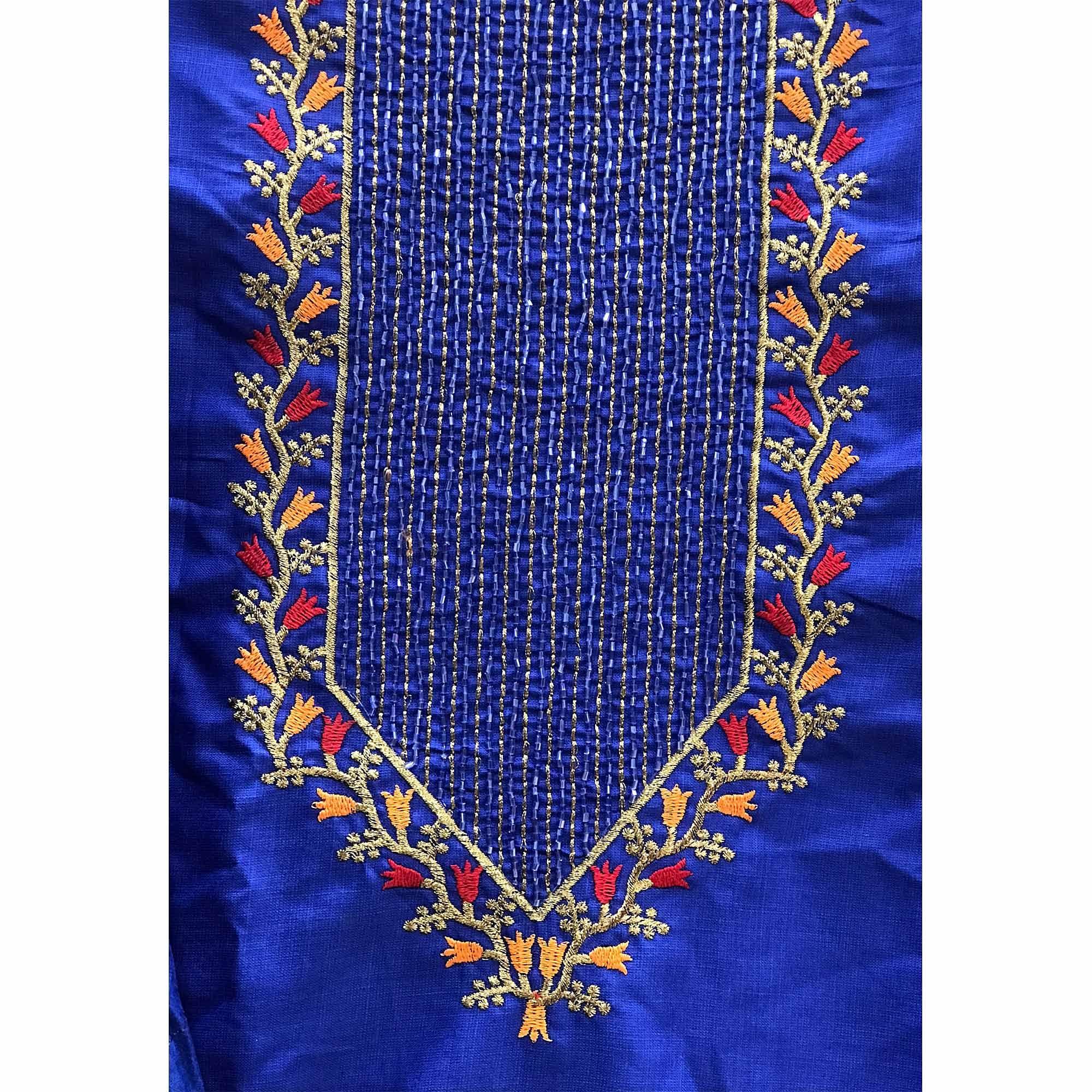 Royal Blue Festive Wear Embroidered Cotton Dress Material - Image 4