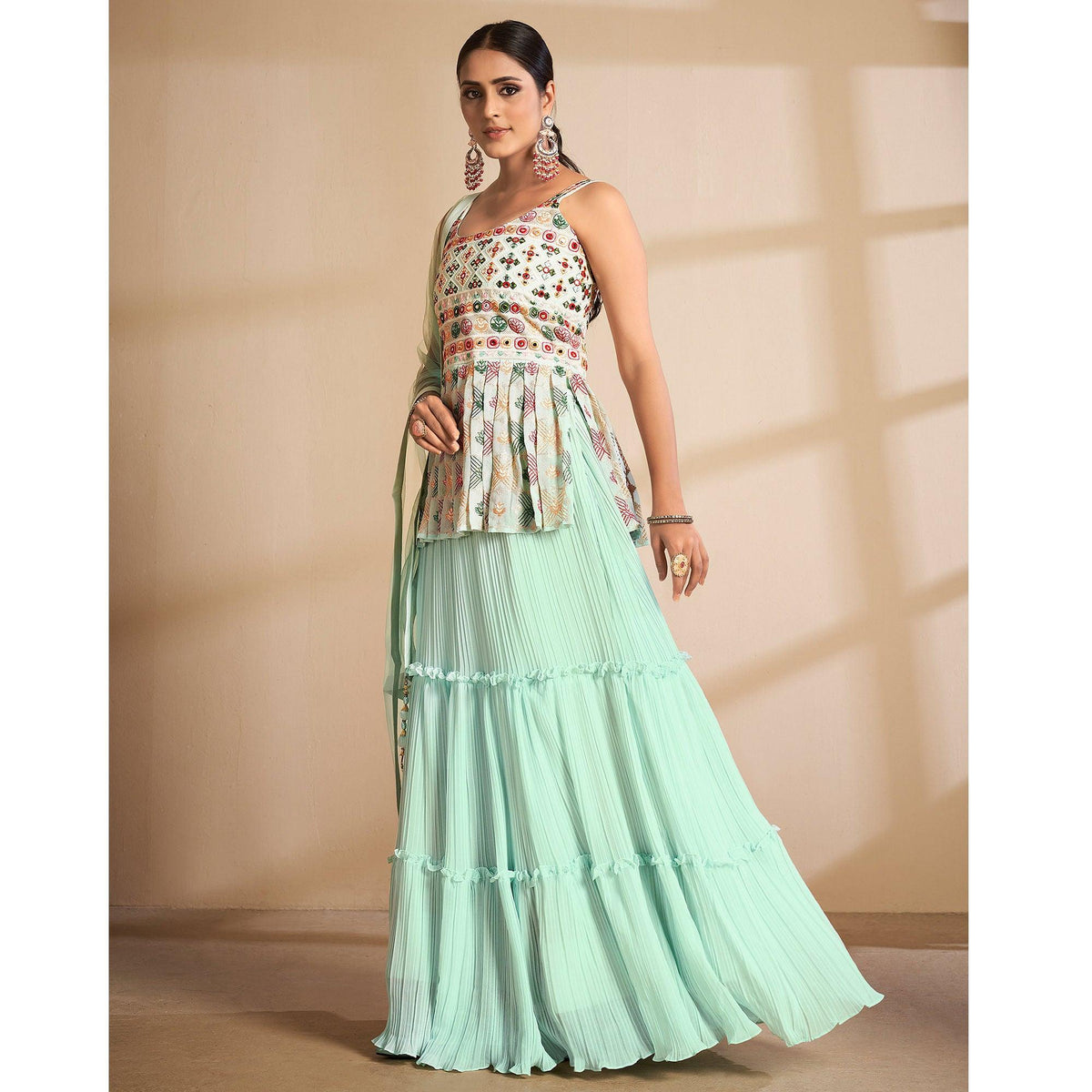 Sea Green Partywear Embroidered Georgette Sharara Suit - Image 6