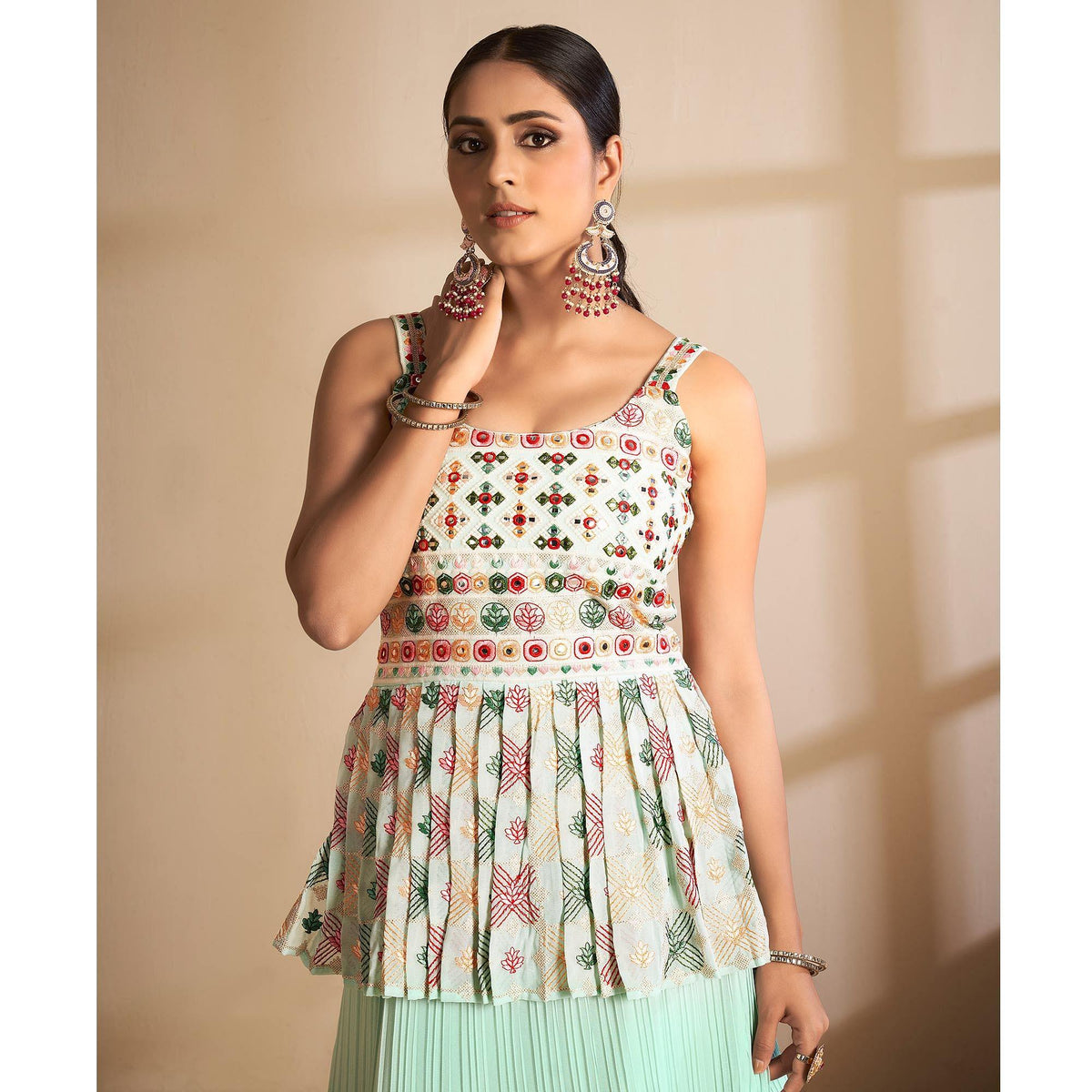 Sea Green Partywear Embroidered Georgette Sharara Suit - Image 2