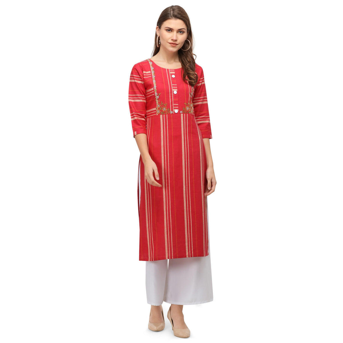 Staring Red Colored Casual Wear Embroidered Cotton Kurti With Palazzo - Image 1
