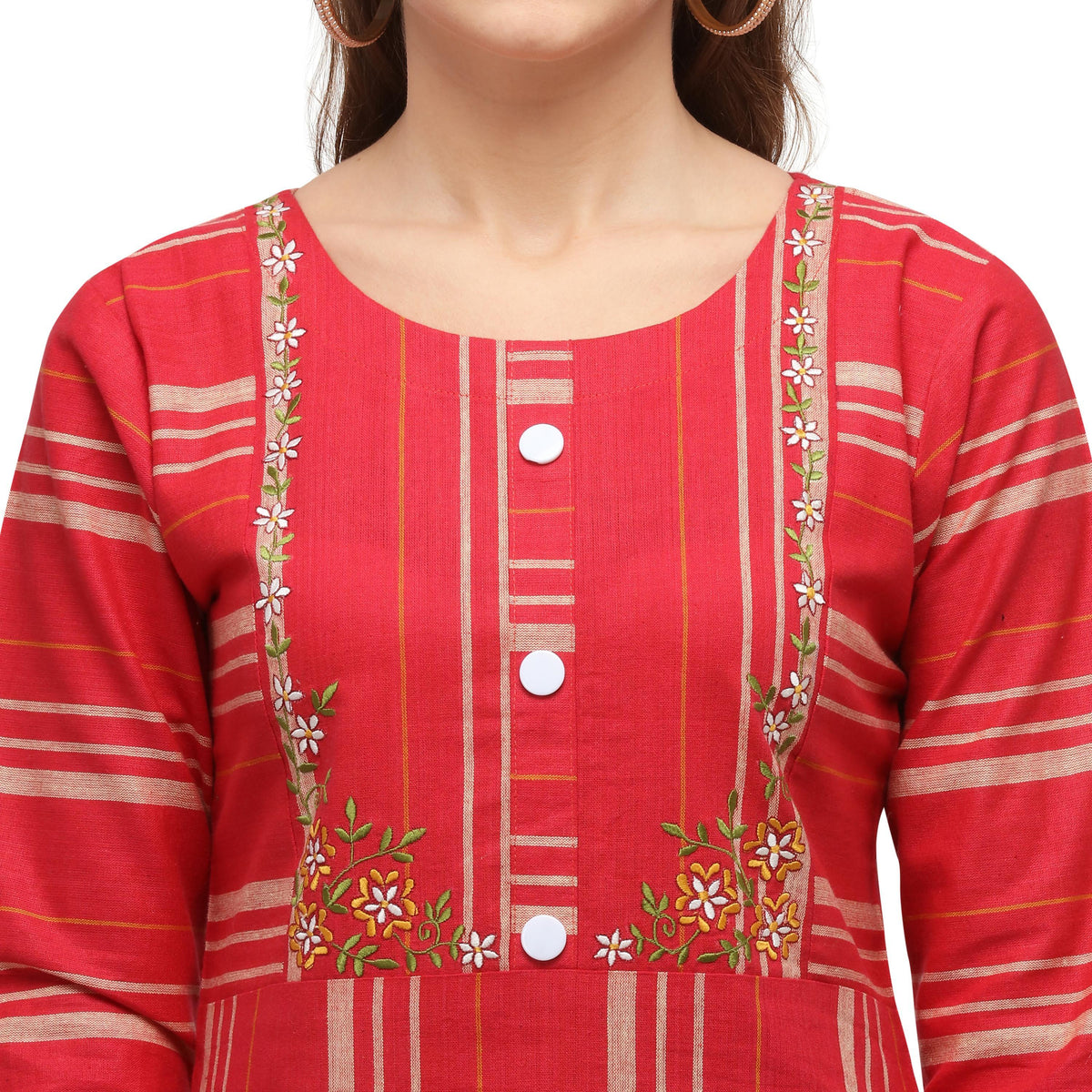 Staring Red Colored Casual Wear Embroidered Cotton Kurti With Palazzo - Image 4