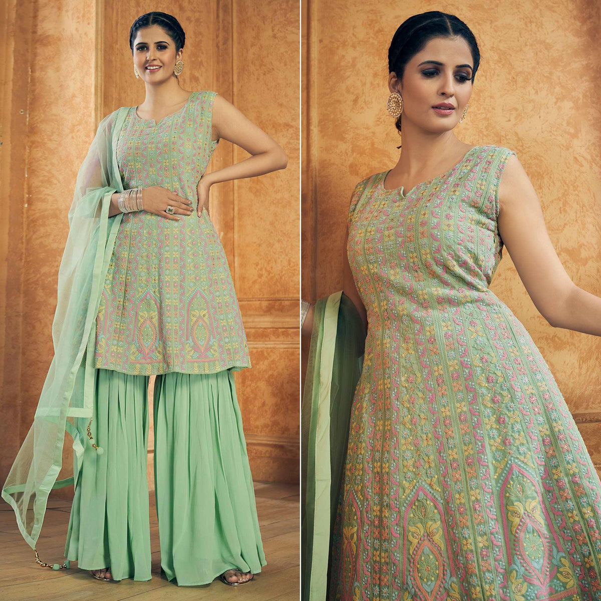 Turquoise Embroiddered Georgette Sharara Suit - Image 5