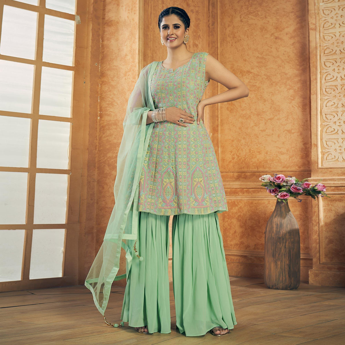 Turquoise Embroiddered Georgette Sharara Suit - Image 2