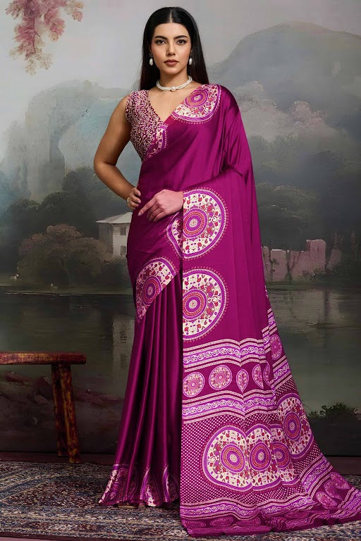 Elegant Pink Satin Saree with Ajrakh Inspired Floral Prints
