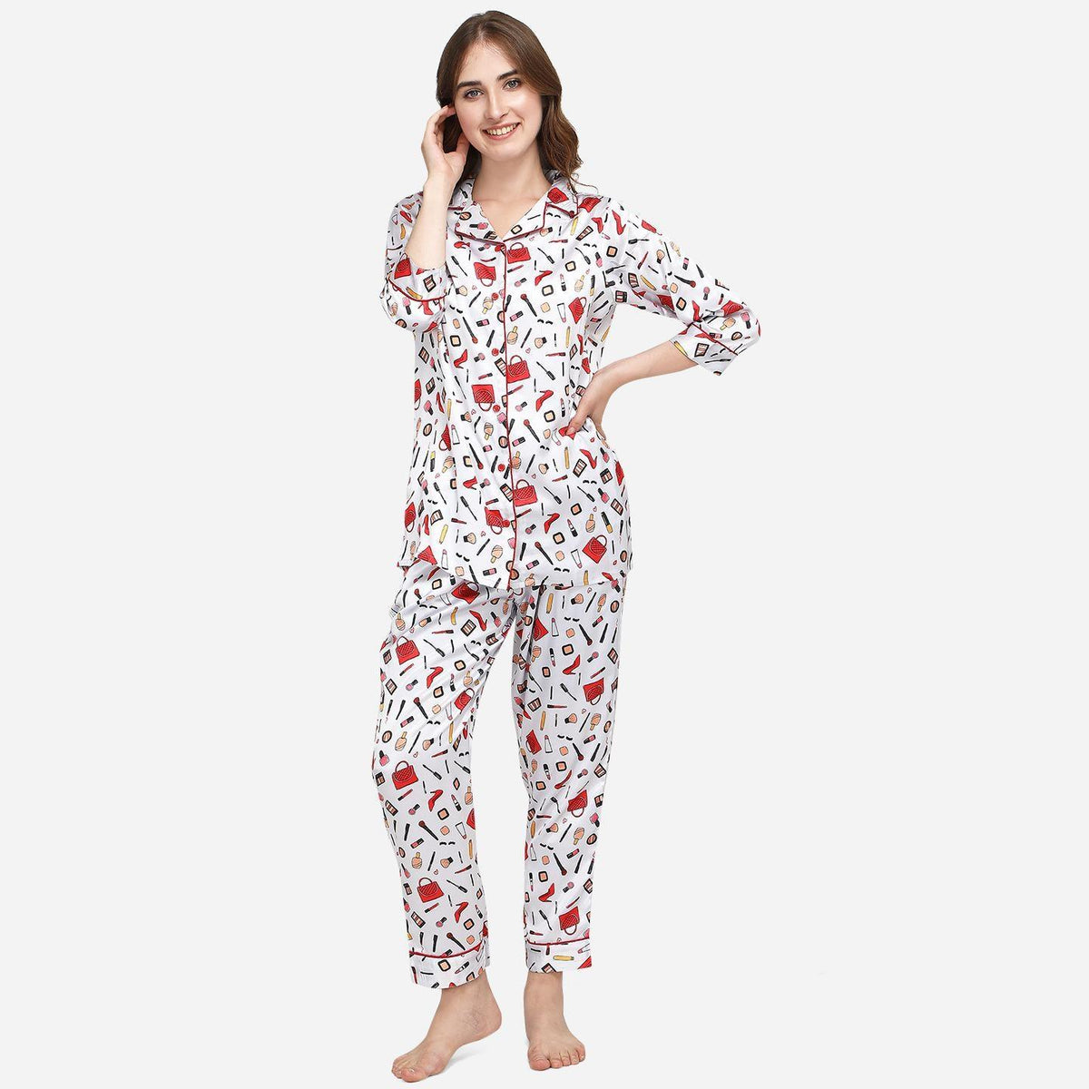 White Casual Wear Digital Printed Satin Night Suit - Image 1